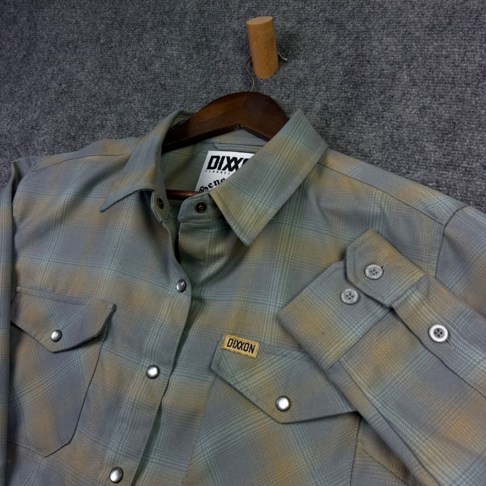 Dixxon Flannel Generations Womens XL Grey Yellow Plaid Snap Button Shirt Casual